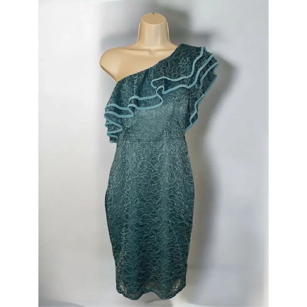 Haute Monde Womens One Shoulder Lace Bodycon Cocktail Dress Teal Size Medium